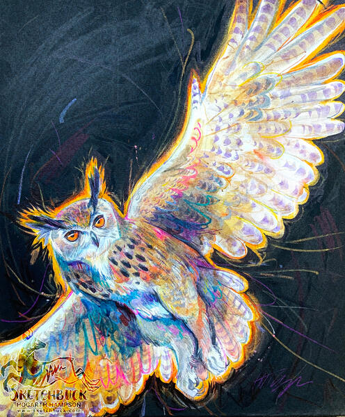 A watercolour on canvas painting of an eagle owl soaring above. Their spread wings are painted brightly, in contrast to the black sky background. A halo of light surrounds the owl.