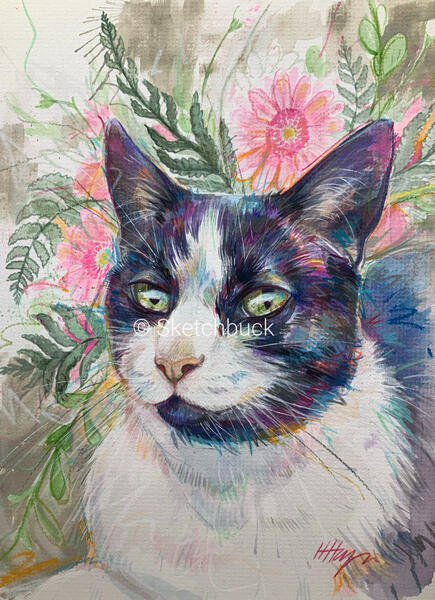 A watercolour portrait of a tuxedo cat (black with white stripe on nose and white chest) against a halo of pink flowers and foliage. Grey background.