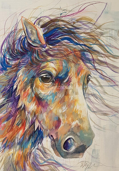 A vibrant watercolour portrait of a wild horse with their mane blowing across their face.