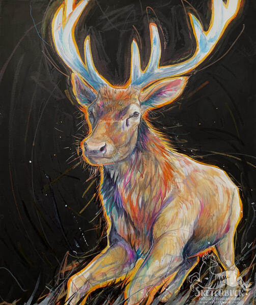 A watercolour painting of a red stag racing to the left of the viewer. A halo of light illuminates around his body. Alongside the natural colours are bright splashes of colours such as blue, purple and orange. Black background.