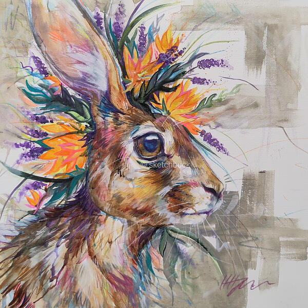 A watercolour and mixed media painting. A brown hair facing to the left with a crown of flowers resting upon their head. Alongside the natural colours are bright scribbles. Grey blocked out background. A watercolour and mixed media painting. A brown hair f