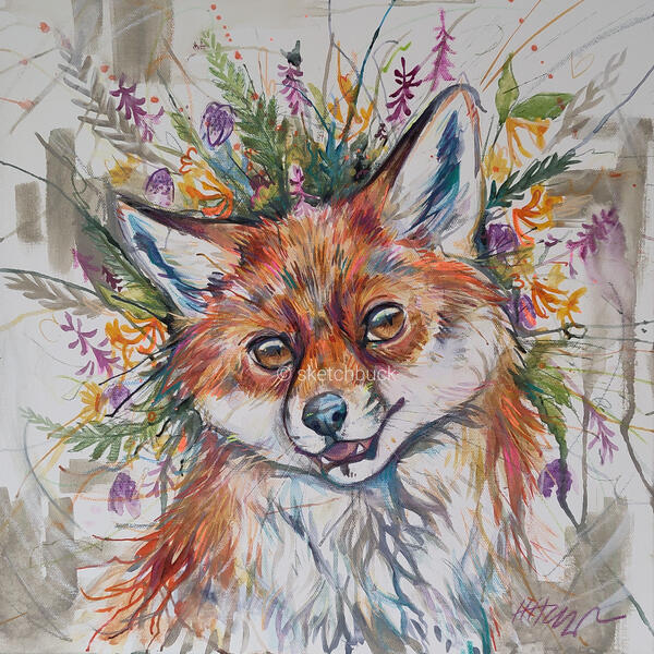 A colourful watercolour painting of a red fox portrait. Around their head is a halo of flowers.