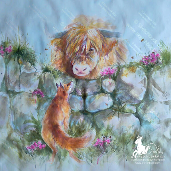 A watercolour painting of a highland cow looking over a stone wall down to a red fox, which looks up at her. The wall is covered in little flowers, moss, and other vegetation, and bees fly around the scene. In a painterly style with bright colours alongsi