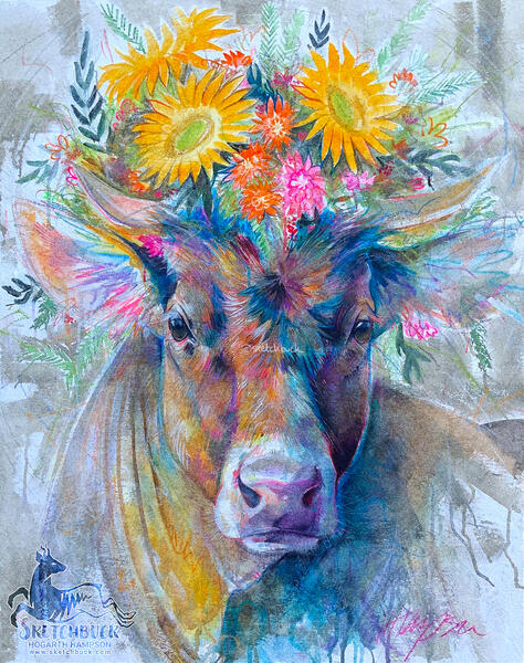 grey alpine cattle directly facing the viewer. She has broad horns and a collection of flowers and foliage halo her head. Alongside the natural warm fur colours are pops of bright colours such as blue, purple and orange. Grey background.