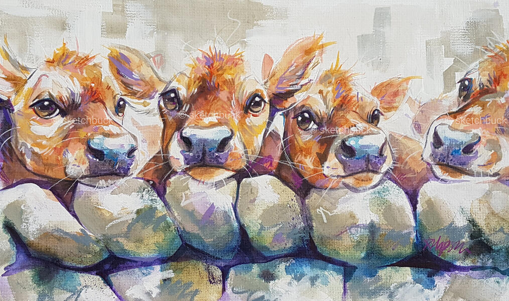 A watercolour painting of 4 jersey cows looking over a drystone wall. Alongside their natural colours are brighter hues such as purple, orange and blue.