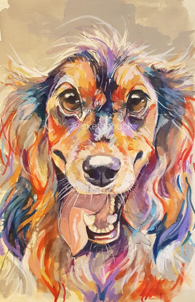 A vivid watercolour portrait of a black and tan Cocker Spaniel dog.