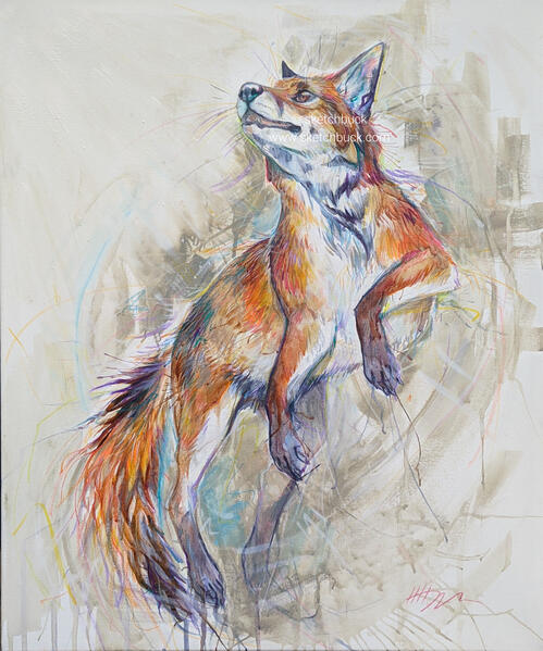 A red fox leaping up. Watercolour painting with bright colours scribbled in, grey background.