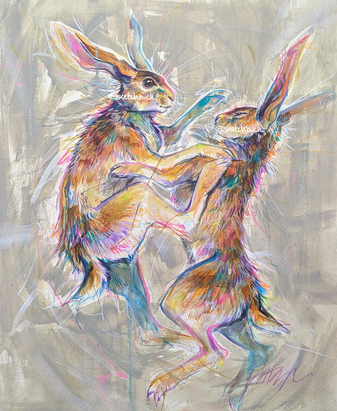Two boxing hares facing each other in a spar. The left hare raises their hind leg up against the opponent. Alongside their natural colours are bright pops of colours such as pink, blue, and yellow. Grey background.